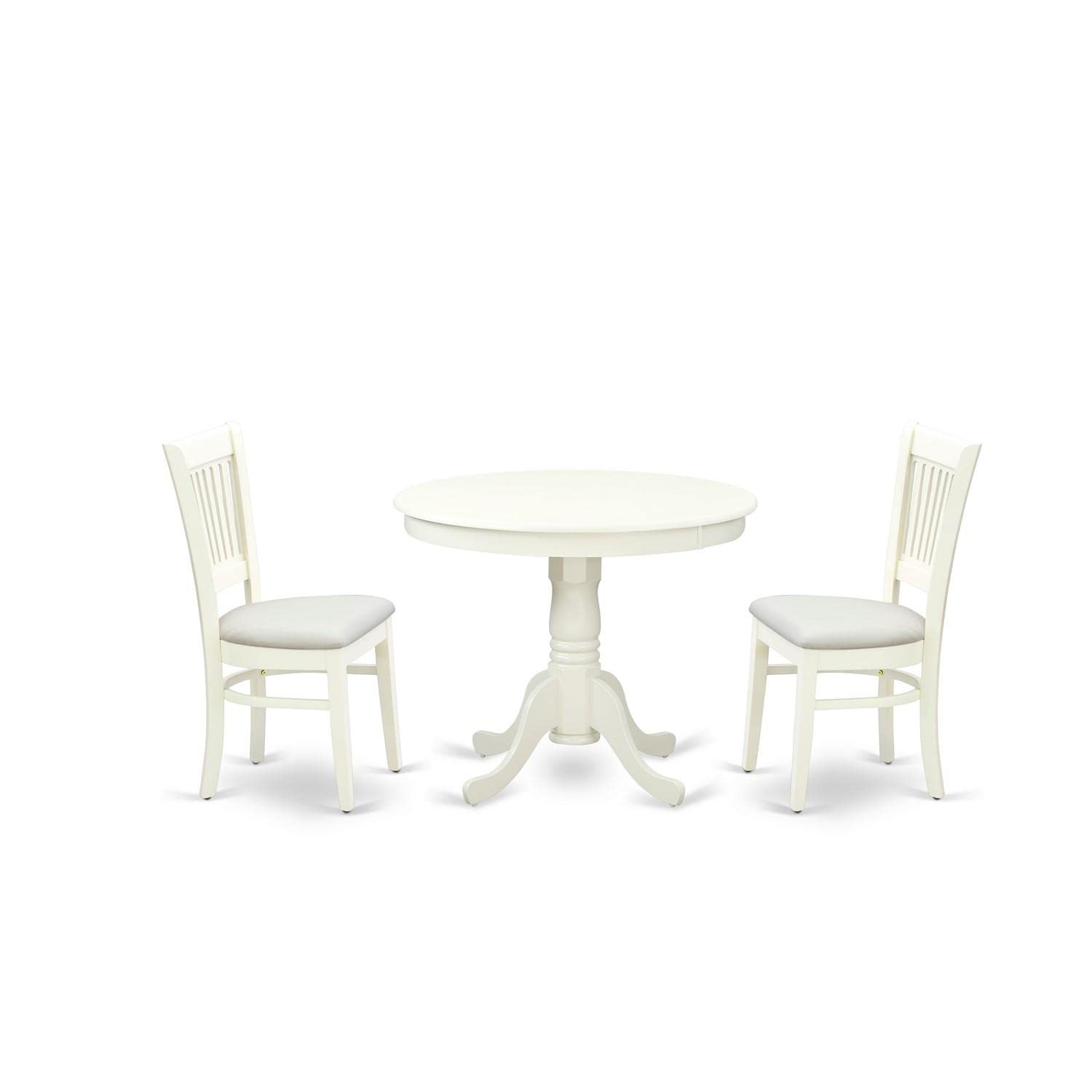 East West Furniture Anva3-Lwh-C 3 Piece Dining Table Set For Small Spaces Contains A Round Kitchen Table With Pedestal And 2 Linen Fabric Kitchen Dining Chairs, 36X36 Inch, Linen White
